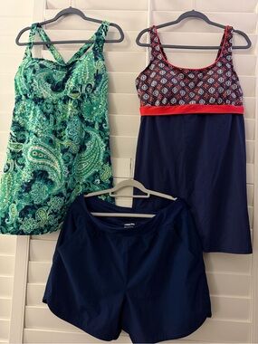 Lands End Navy & Green / Navy & Coral Patterned Swim Tanks with Navy Swim Shorts